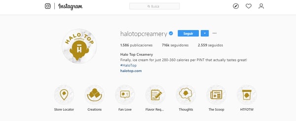 Esta captura mostra o Instagram da HaloTop com link para a biografia atualizado com suas últimas promoções